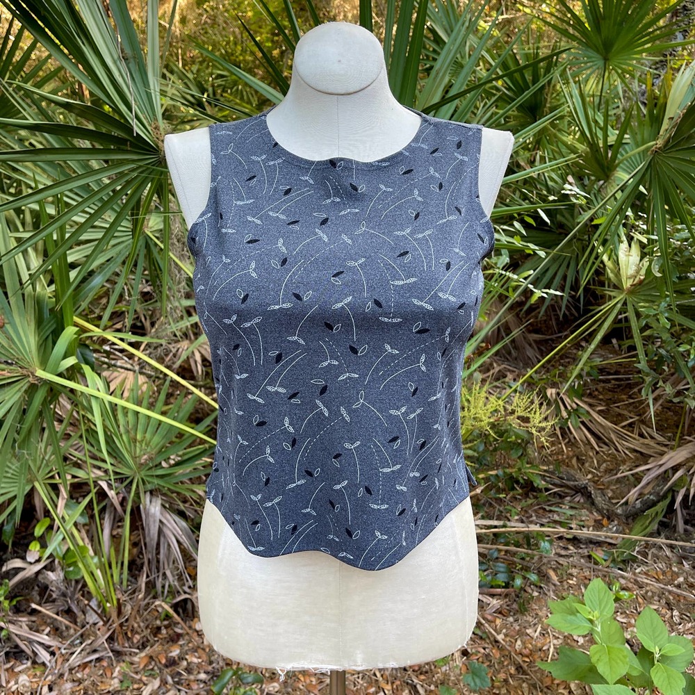 Vintage 90s Boxy Sleeveless Top Tank Gray Abstract Leaf Print Uniform Size M